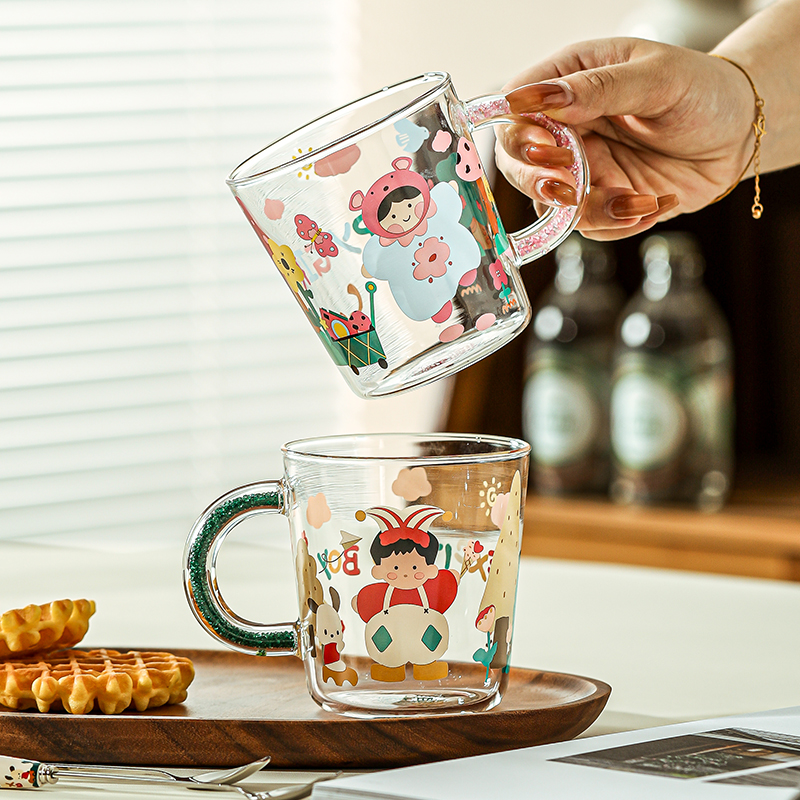 可爱高硼硅玻璃杯马克杯高颜值情侣水杯家用牛奶杯带把手咖啡杯子