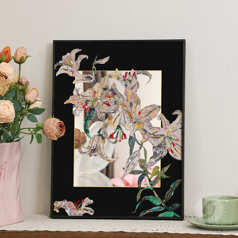 百合花卉镜子画抽象中古客厅摆画卧室玄关挂画小众艺术镜面装饰画
