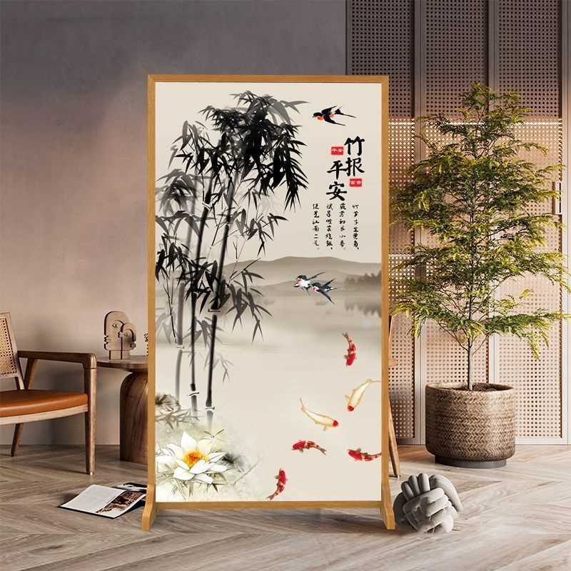 现代简约屏风隔断进门客厅九鱼图中式遮挡入户玄关装饰画座屏茶室图片