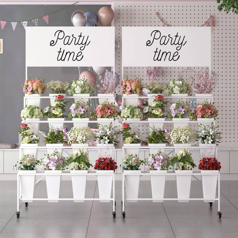 铁艺鲜多308花架子可动带广告板阶梯层花店方移桶花店桶展示架花