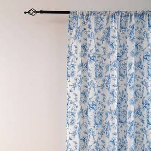饰贸成品 外跨境成品蓝色青飘花鸟彩虹麻纱497印花窗帘卧兔室窗装