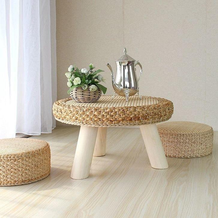 TRH手工藤桌编圆米形飘窗桌子茶几榻榻小桌子窗台茶矮桌实木小小