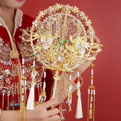 金色香槟秀禾团扇高级重工质感diy送闺蜜新婚礼物新娘中式遮面扇