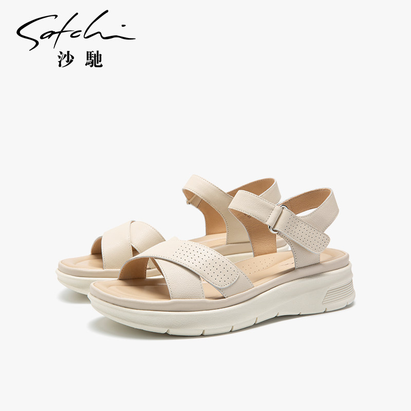 沙驰凉鞋女款夏季新款百搭时尚厚底平底鞋女魔术贴罗马时装凉鞋