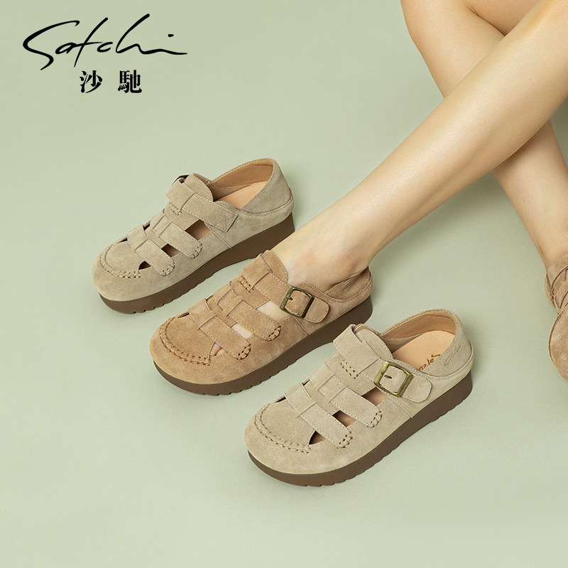 沙驰女鞋厚底平底凉鞋女25年夏季新款镂空猪笼鞋勃肯鞋罗马休闲鞋