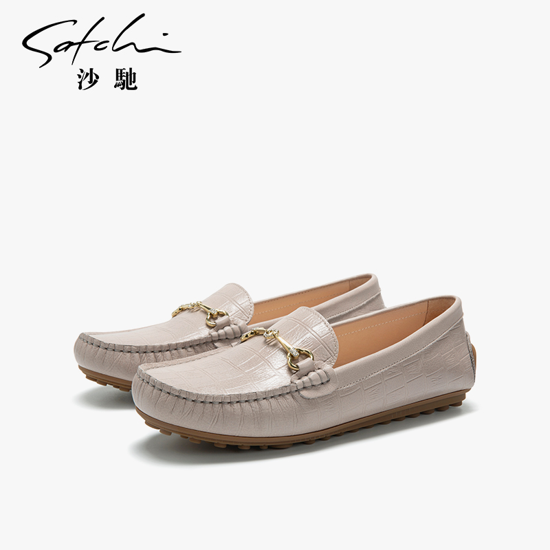 沙驰女鞋真皮圆头平底时尚豆豆鞋