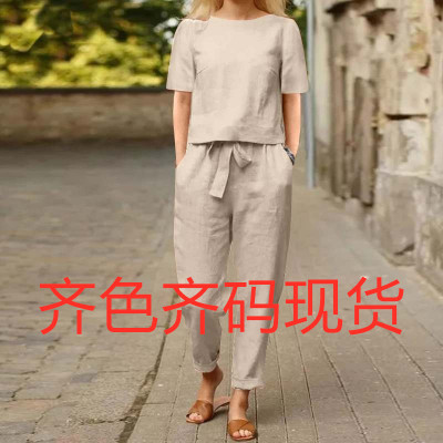 奥特莱斯现货跨境外贸女装棉麻夏季搭配套装半袖O领超大罩衫e阔腿