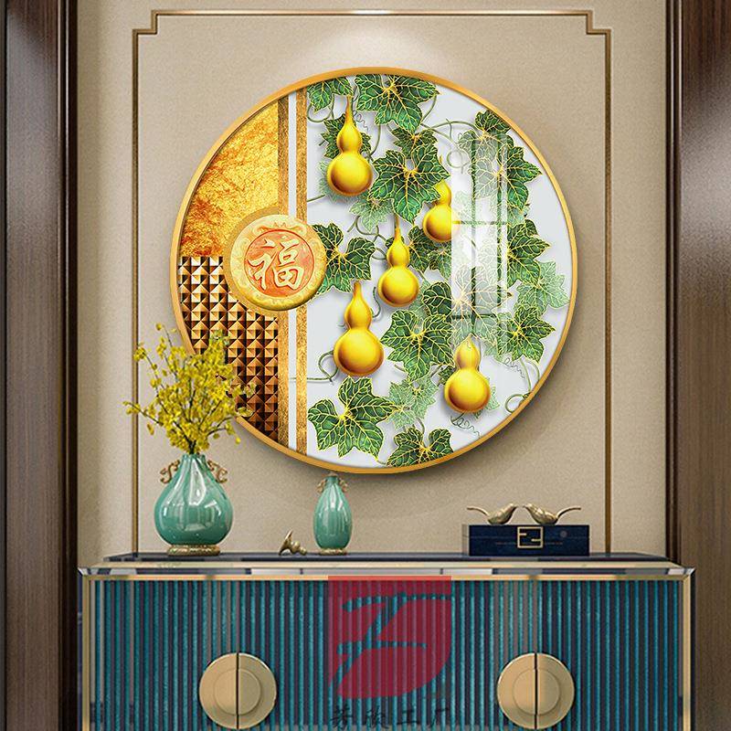 餐五福临门葫芦画圆形玄关装饰画门过道EMS福鹿挂新中进式晶瓷厅图片