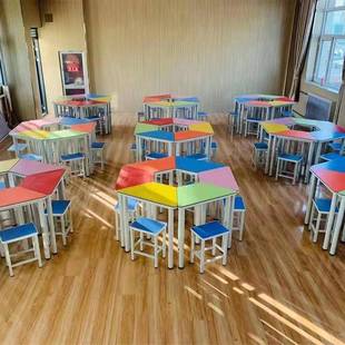 中小学科学教室辅导班小学生彩色六边形组合可拼接双色可组合桌椅