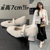 一脚蹬粗跟加绒玛丽珍单鞋 香港毛毛鞋 女春秋外穿2025新珍珠仙女鞋