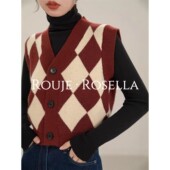 法国Rouje Rosella?复古菱格v领针织马甲背心女秋冬叠穿开衫 毛衣