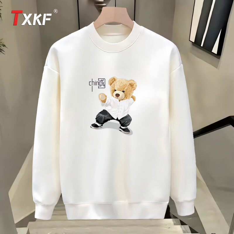高端国潮熊男士卫衣2025新款春秋冬季加绒纯棉长袖t恤打底衫男款
