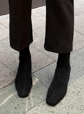 香港春秋季厚跟马丁短靴女真皮新方趾高跟裸靴麂皮弹力修身靴