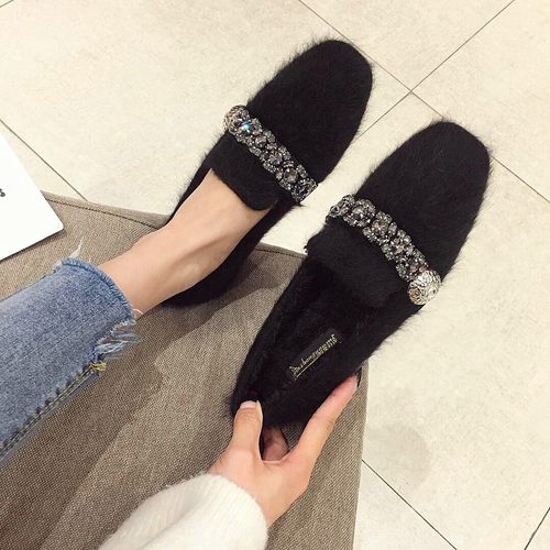 香港长毛绒女豆豆鞋春秋季外穿韩式毛绒鞋2025新款羊毛衬里拖鞋棉