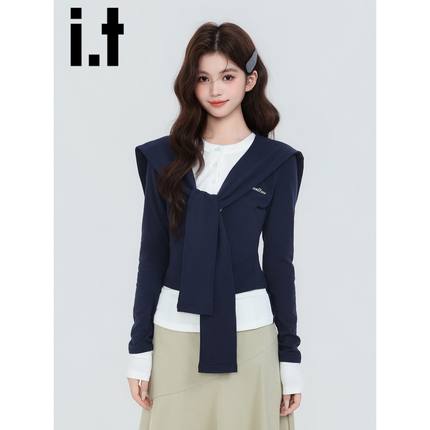 it:GROUND ZERO藏青假两件披肩长袖T恤女2025新款秋冬季别致上衣