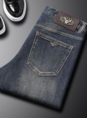秋冬款深蓝色牛仔裤男弹力修身小直筒轻奢时尚潮流欧货中腰水洗