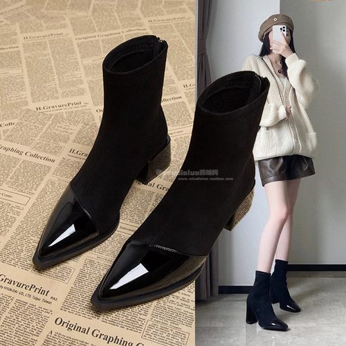香港女式弹力靴2025春秋季新款网红修身靴法式优雅短袜靴小短踝靴