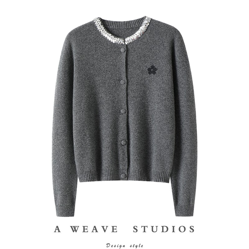 官方正品！一见倾心！亮片设计100%纯羊绒衫花朵提花针织开衫外套