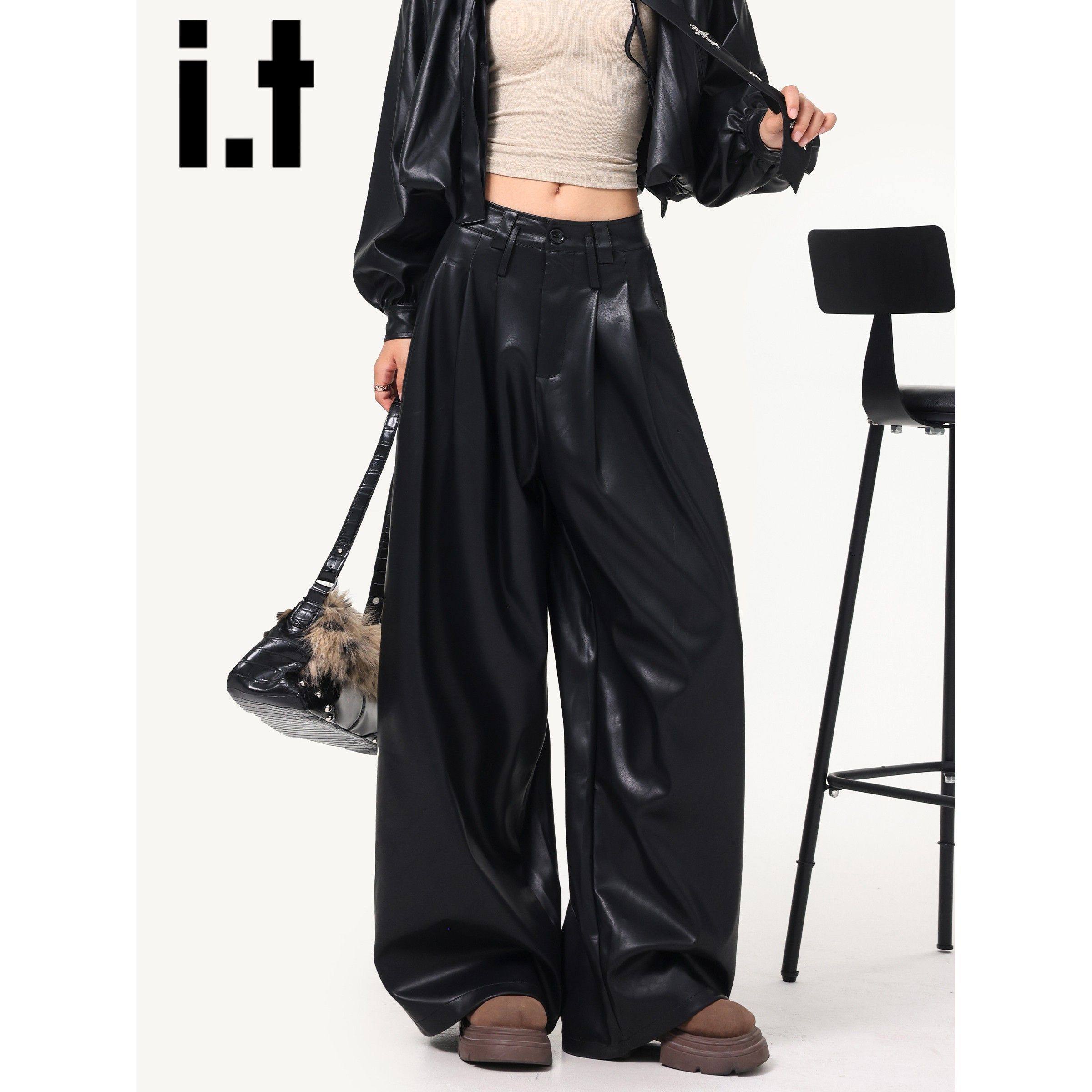 it:CHOCOOLATE黑色皮裤女2025新款秋季PU皮设计直筒阔腿休闲裤子