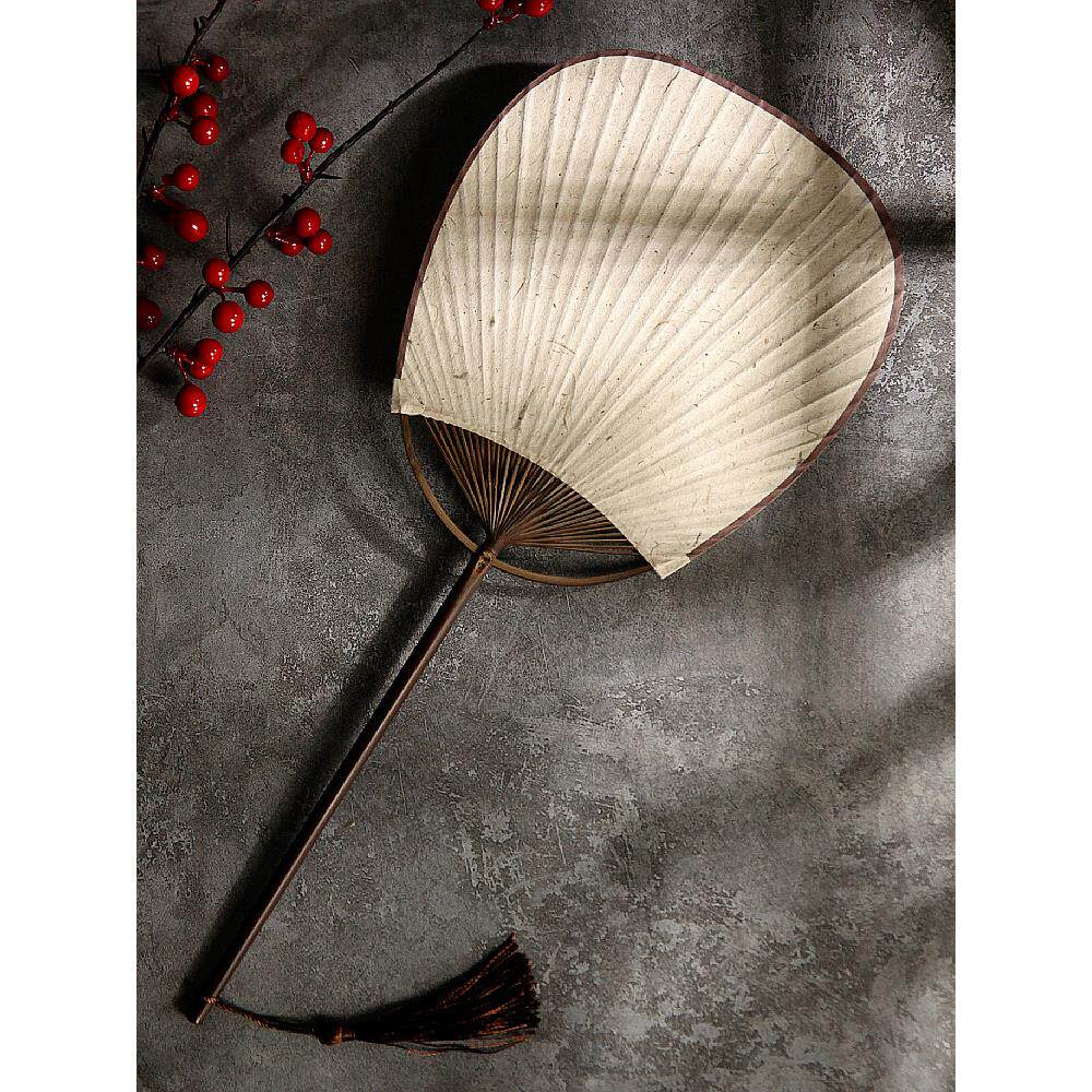 妖风团扇加长杆仿紫竹白熟宣纸可手写字流苏圆形和风古柄妖扇宫扇