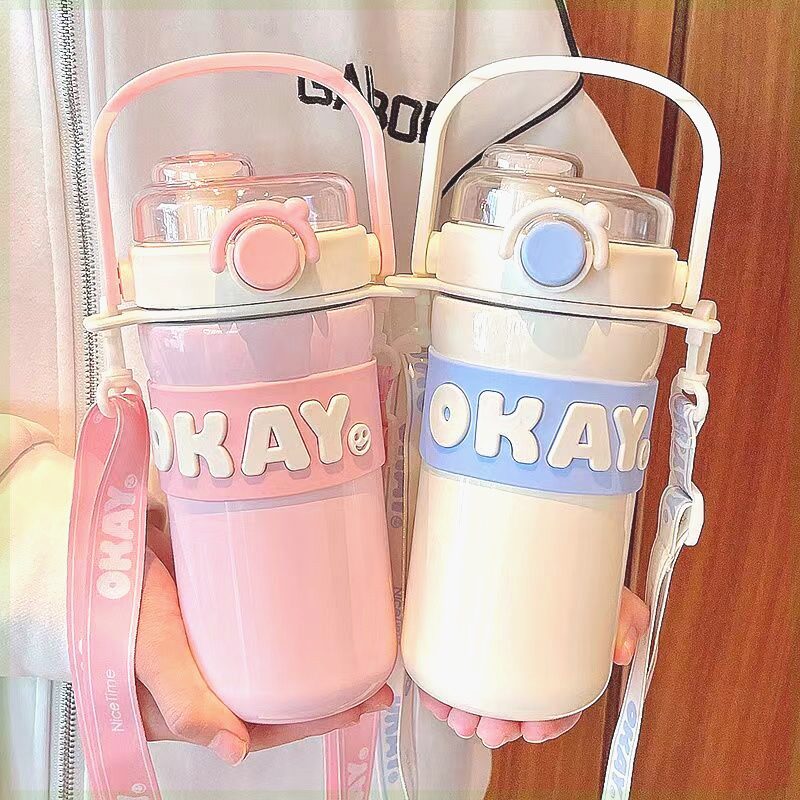 保温水杯女款高颜值316杯女生带吸管女新款2025背带便携学生双饮