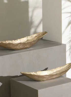 进口铝制长条船型大果盘托盘摆件现代样板间花盆花器客厅玄关装饰