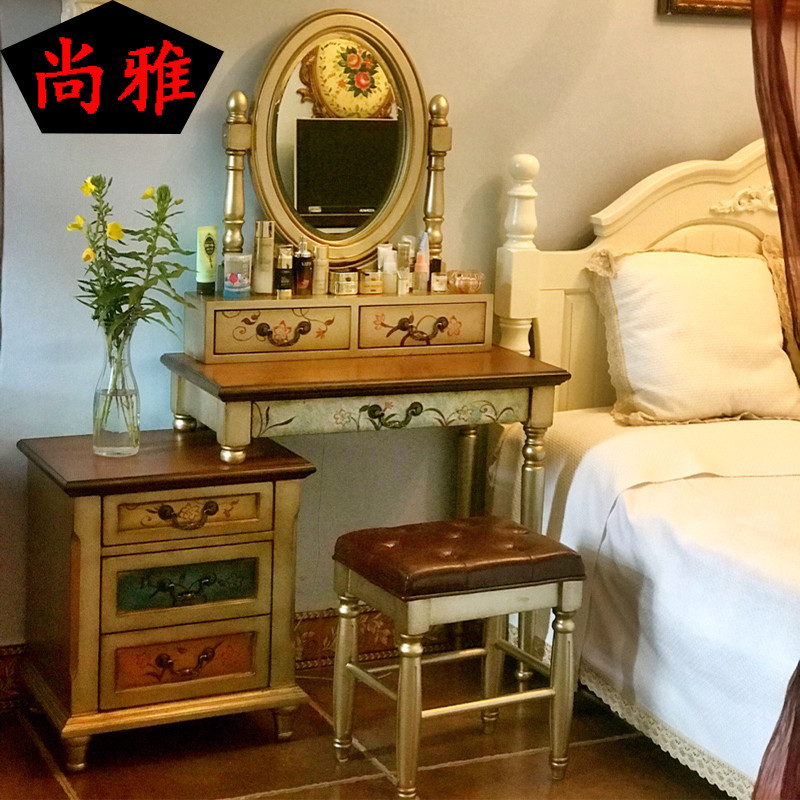 美式乡村别墅彩绘梳妆台小户型卧室化妆台乡村风格做旧梳妆台妆凳