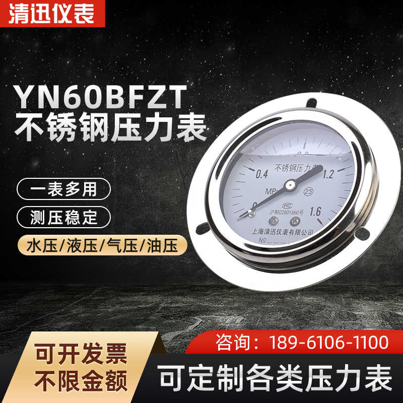 全不锈钢耐震压力表YN60BFZT轴向带边耐震压力表0-0.6/1/1.6Mpa
