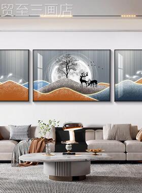 网红象厅装饰画轻奢三代高档沙发背景墙挂画山水联画黑白灰抽客壁