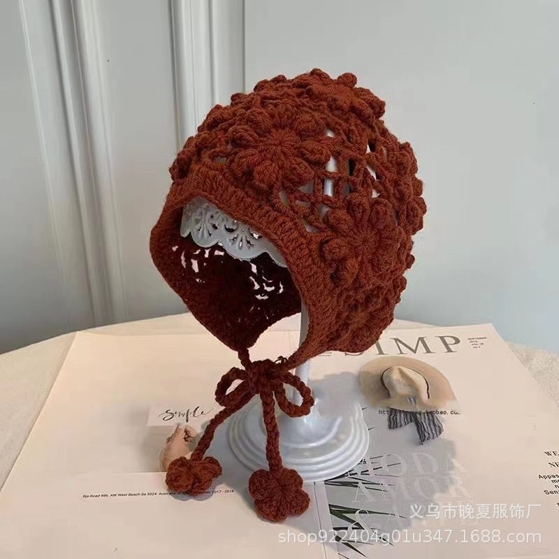 ins秋冬可爱女童宝宝针织护耳帽森女系镂空淑女帽子立体手钩花朵