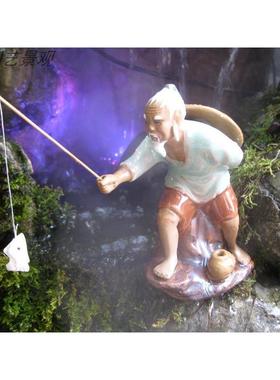 陶瓷钓鱼翁姜大公摆件假山盆景水族鱼缸上水石头流水喷泉装饰摆件