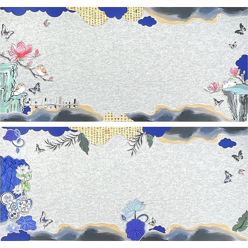 幼儿园环创毛毡青花瓷荷花墙贴国风新中式蝴蝶花朵主题装饰背景墙