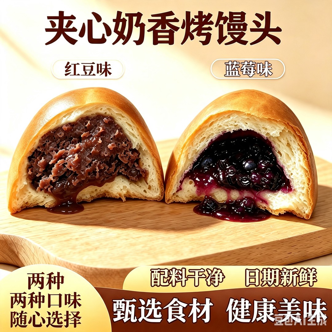 夹心奶香烤馒头红豆馅蓝莓馅
