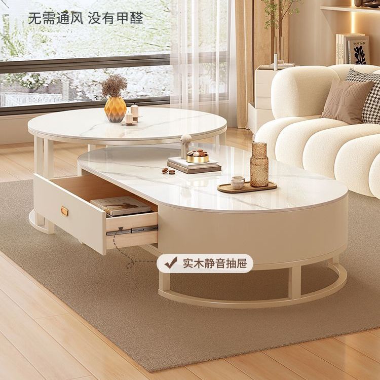 法式奶油风玻璃椭圆茶几可移动
