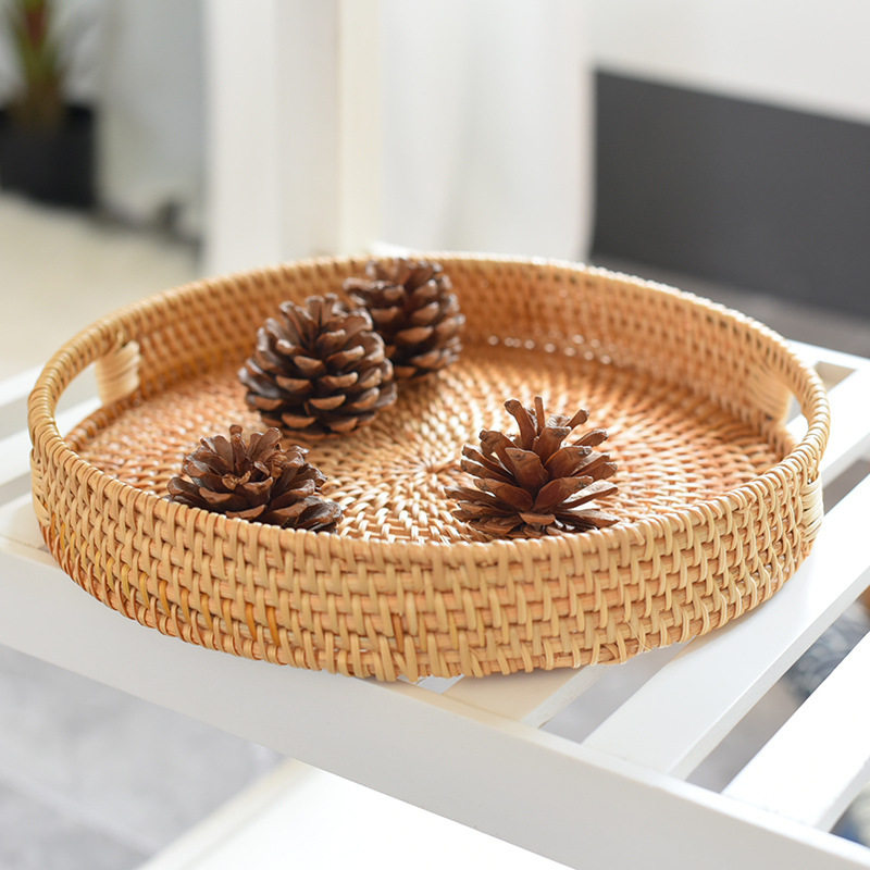 越南竹藤编圆形透气收纳篮