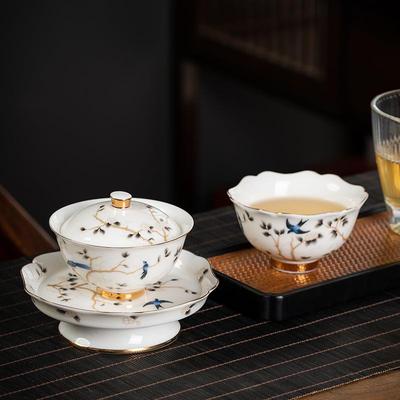 羊陶脂玉白瓷整套高茶具三才盖碗档瓷功夫泡55柏茶商碗务送礼套装