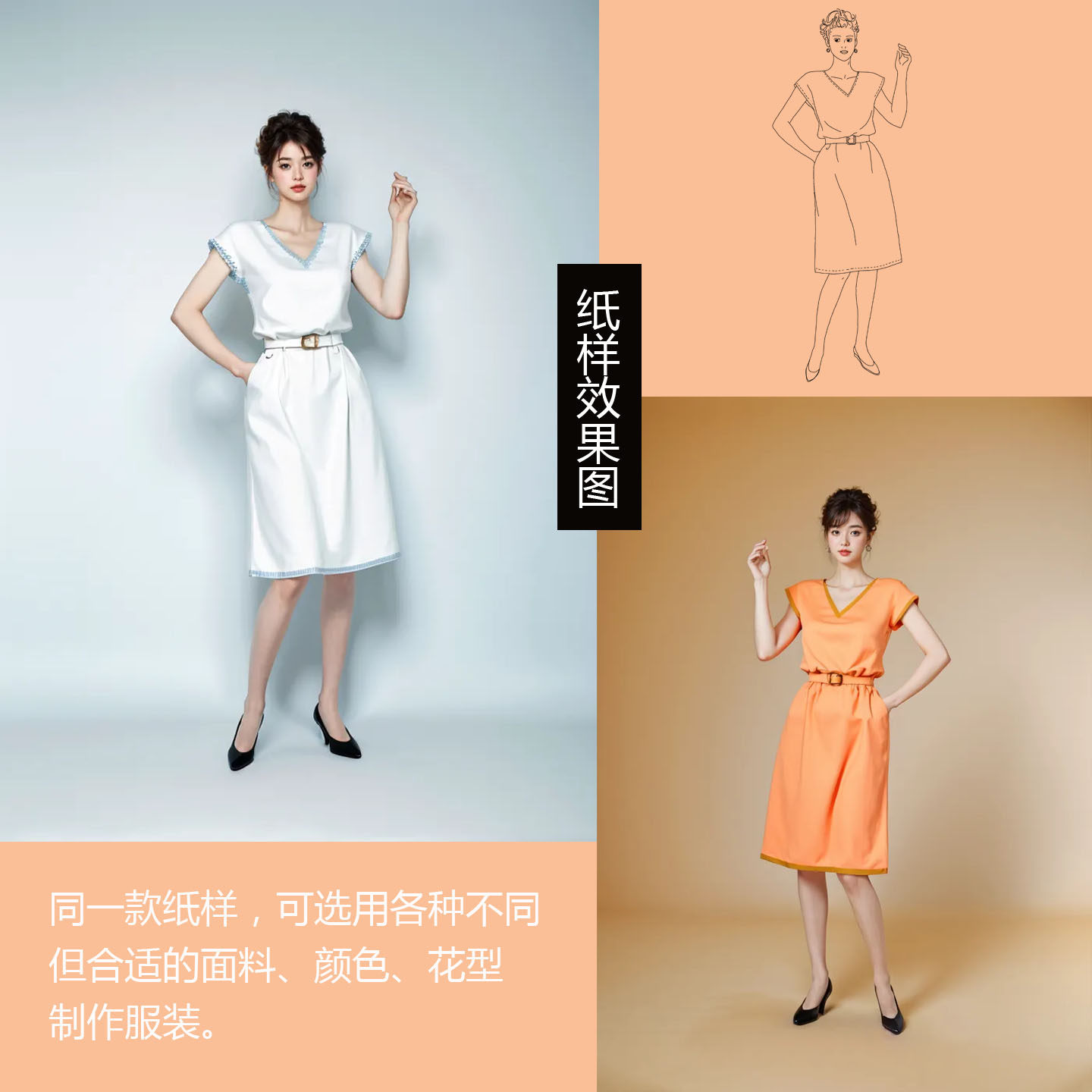 轻盈的后开叉V字领式连衣裙 纸样