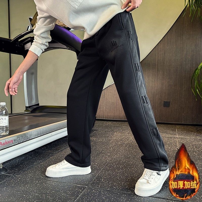 加绒加厚直筒运动裤男青少年秋冬帅气大童宽松阔腿卫裤学生长裤子