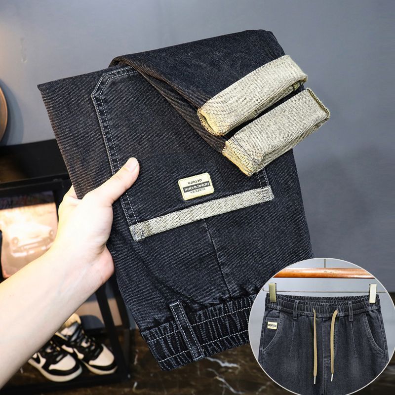 松紧腰男士牛仔裤男冬季新款中高腰弹力抽绳修身直筒裤加厚加绒裤