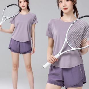 网球服运动套装女夏季薄款速干衣透气健身服短袖户外跑步专用短裤