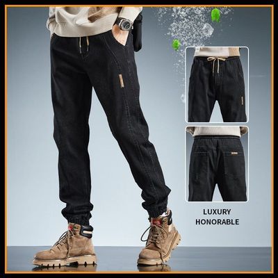 秋冬新款黑色牛仔裤男加绒加厚保暖休闲束脚裤潮牌痞帅宽松哈伦裤