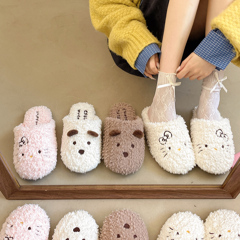 小狗小猫~！软底毛毛拖鞋秋冬款卧室居家舒适软底静音女士家居鞋