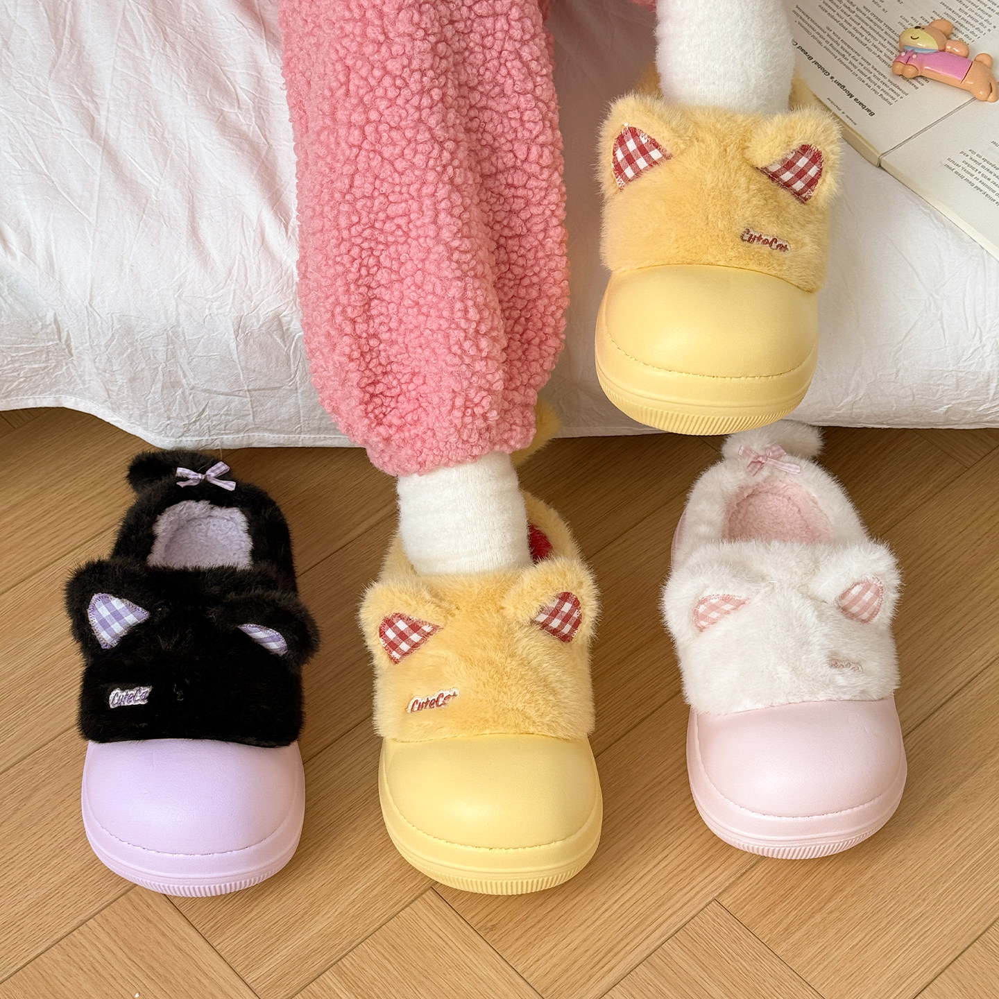 软萌猫咪~!居家棉拖鞋女秋冬学生可爱包头毛毛绒月子鞋防滑厚底
