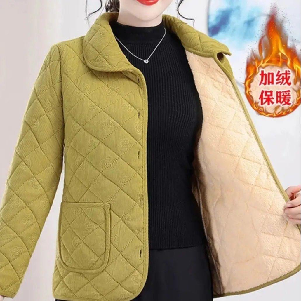 秋冬季高档翻领女士加绒保暖休闲时尚棉服外套百搭气质棉衣