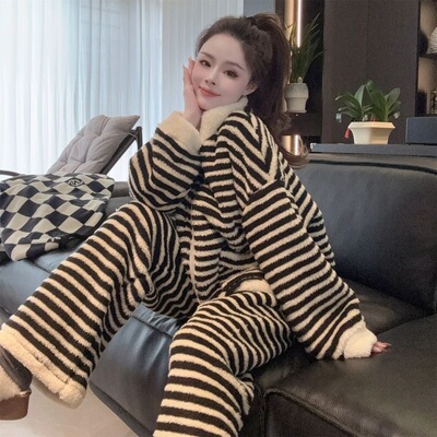 双面珊瑚绒条纹睡衣女款加厚冬