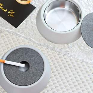 烟灰缸高档水泥风家用民宿简约酒店防风盖 轻奢防飞灰带不锈钢个性