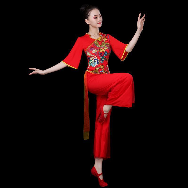 中国风新款民族风龙纹舞蹈服女中老年腰鼓舞演出服广场舞秧歌舞蹈