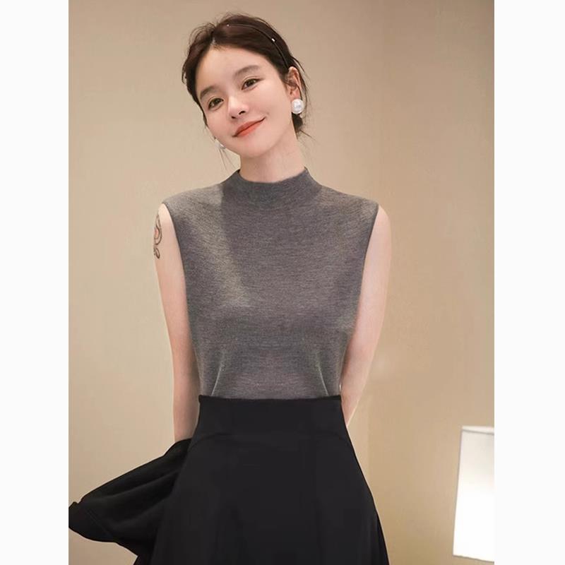 灰色针织背心女春秋2024新款高级感修身半高领羊毛打底衫无袖上衣