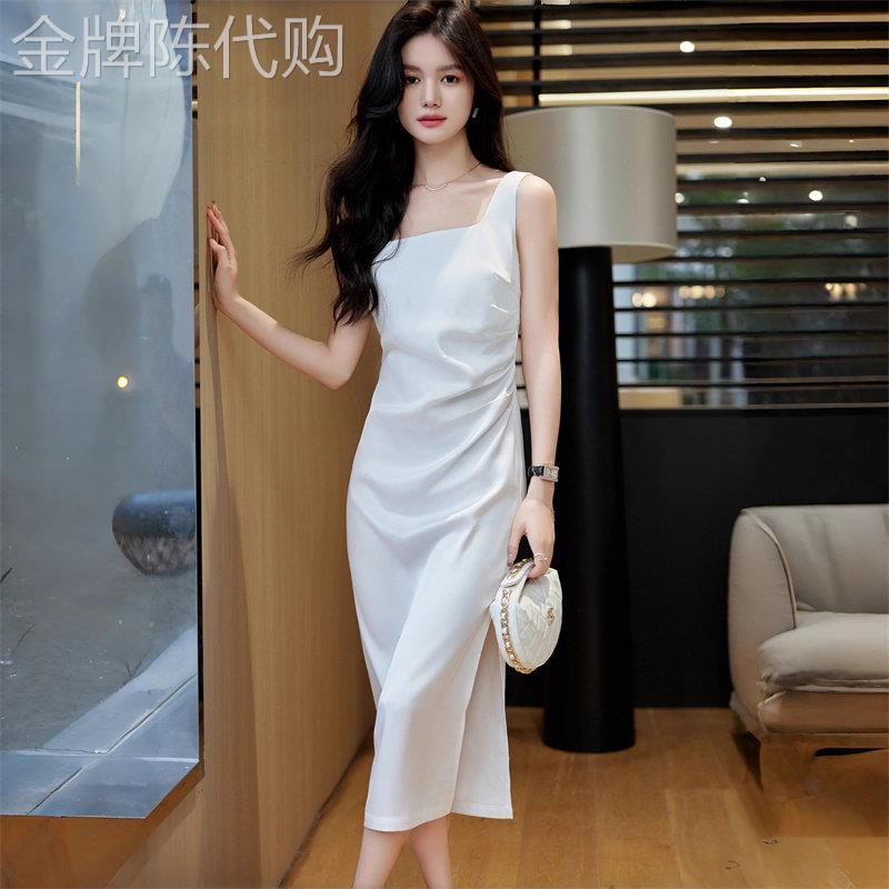 潮牌吊带连衣裙女2026新款夏季西装内搭醋酸缎面修身收腰中长裙子