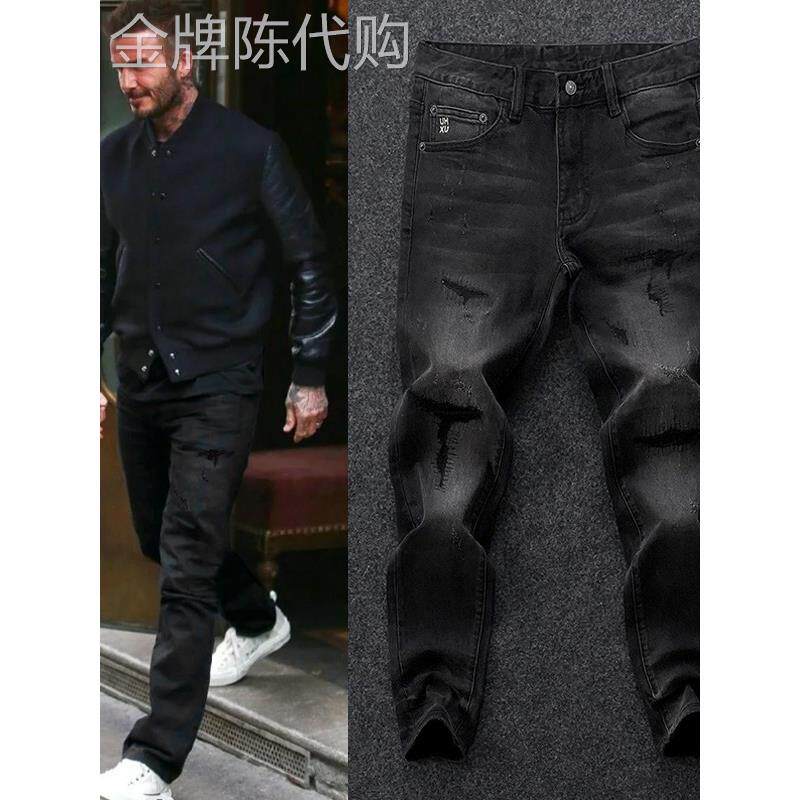 香港潮牌覆古黑灰色破洞补丁牛仔裤男春季深色欧美修身小直筒长裤